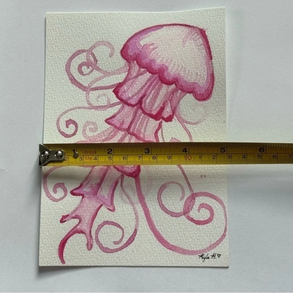 “Curly Tentacle Jelly” Original Watercolor Painting — Pink Jellyfish Ocean Art - Picture 2 of 4